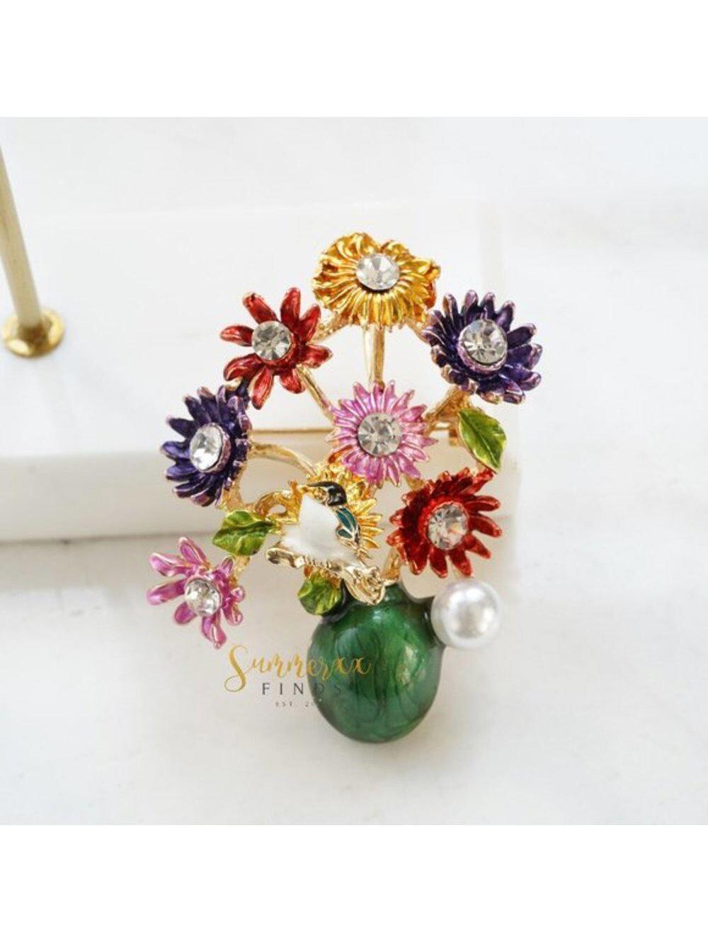 Vintage Style Enameled Flower Vase Bird Brooch